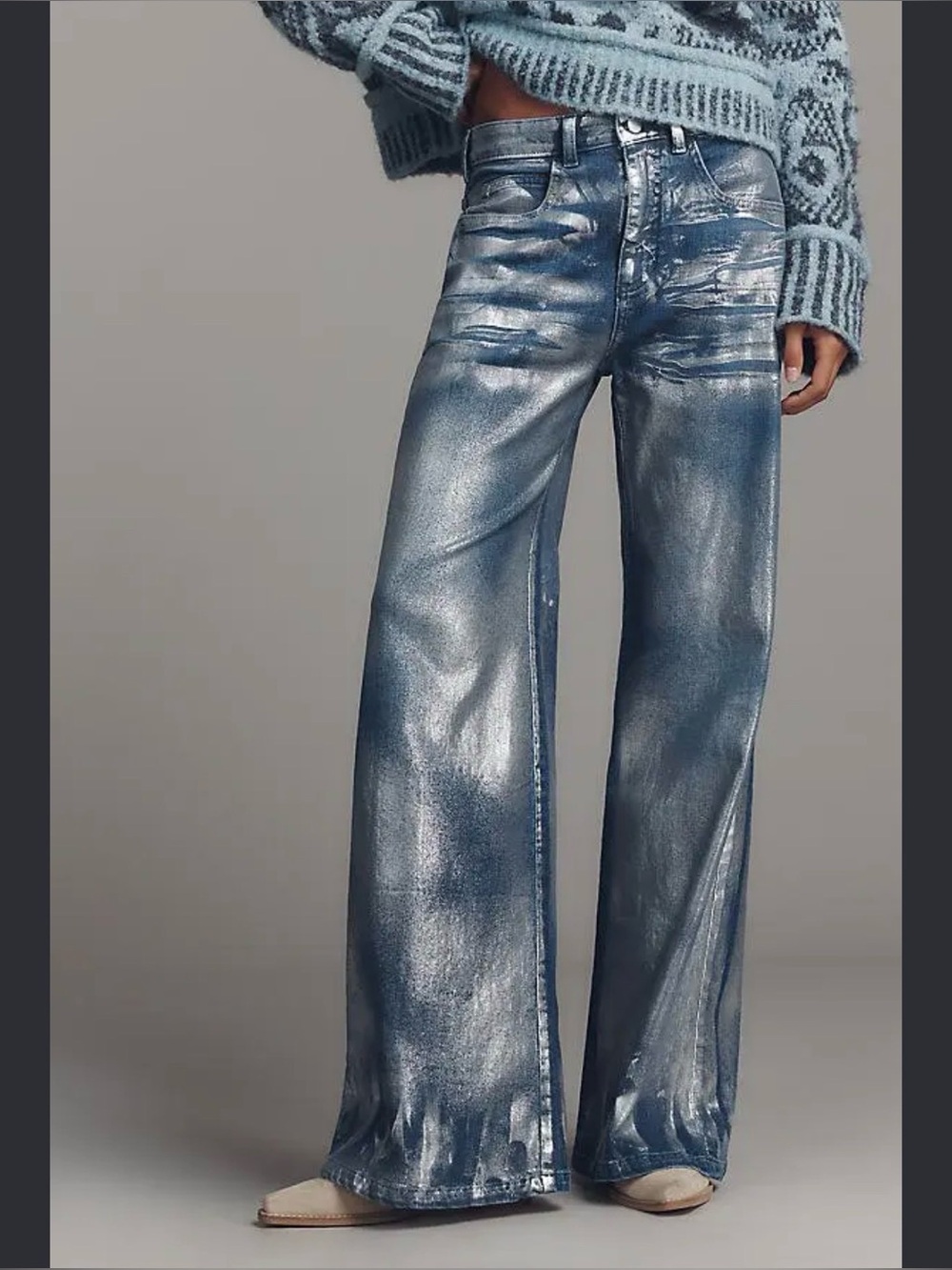 The Rylan Metallic Relaxed High-Rise Wide Leg Jeans Pilcro Anthropologie 30 34”